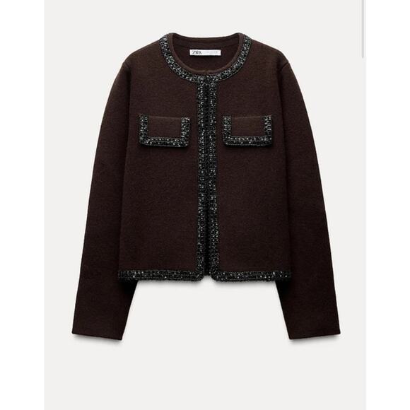 Nwt- Zara 100% WOOL BEADED KNIT CARDIGAN-Large - Picture 1 of 8